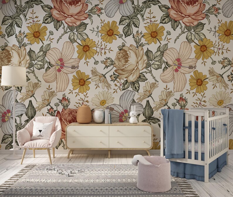 floral wallpaper, boho wallpaper, removable wallpaper, peel stick wallpaper, temporary wallpaper, kids room wallpaper image 7