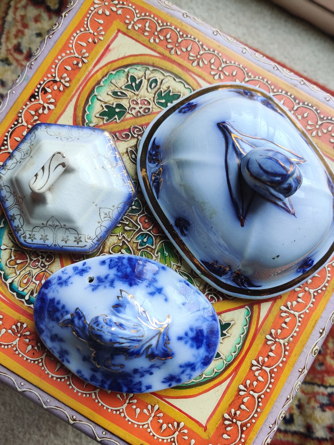 Antique Teapot Lids Set of 3 China Blue Gold Tea Pot Dish Lid Etsy