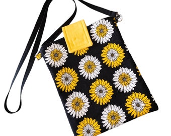 Large Compact Yellow and Black Sunflower Crossbody Purse | Minimalist | Messenger Bag | Flower bag | Floral Tote