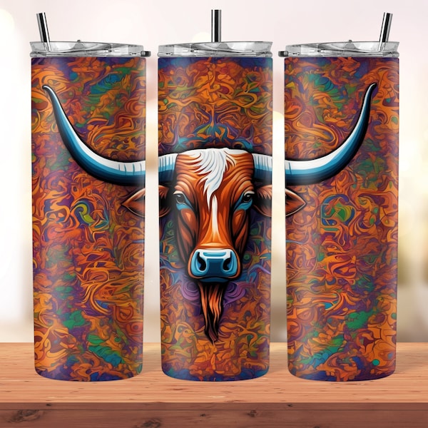 Texas Longhorn 20 oz skinny tumbler sublimation wrap design png bull custom digital file download template burnt orange svg college