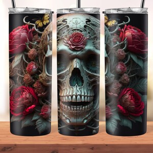 3D Biker Skull 20 oz skinny tumbler sublimation wrap design png custom digital file download template peony rose women halloween goth