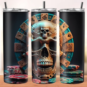 3D Casino Skull 20 oz skinny tumbler sublimation wrap design personalized custom digital file download gambling cards poker chips biker