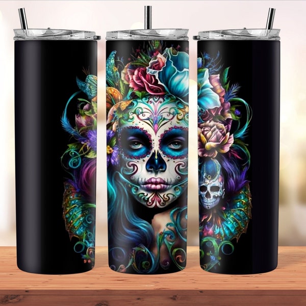 Sugar Skull Flower 20 oz skinny tumbler sublimation wrap design calavera png mexican custom digital file download template Clipart Chola svg