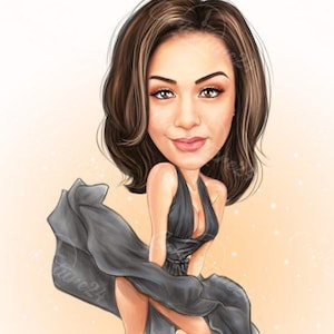 May include: A cartoon illustration of a woman in a black dress with a flowing skirt. The woman has brown hair and is wearing black high heels. The background is a light peach color.