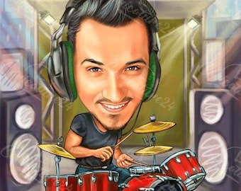 Caricature drummer, Drummer Portrait, Caricature from Photo, Digital Portrait, Drummer gifts, Caricature Portrait, Personalized Gift
