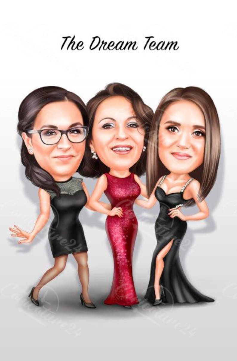 May include: A cartoon illustration of three women in elegant dresses. The text "The Dream Team" is at the top. The women are in a black, red, and black dress. One woman wears glasses. The illustration has a cartoon style.
