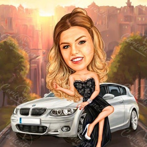 May include: Digital illustration of a woman in a black strapless gown, leaning against a white car. The background features a cityscape with a warm, sunset color palette. The woman has blonde hair and is wearing white heels.