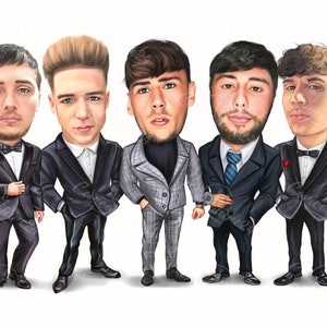 May include: Caricature of five people in suits. The figures have exaggerated features, with large heads and small bodies. The suits are various shades of gray and black, with bow ties and ties. The background is plain white.
