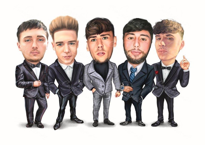 May include: Caricature of five people in suits. The figures have exaggerated features, with large heads and small bodies. The suits are various shades of gray and black, with bow ties and ties. The background is plain white.