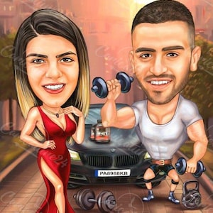 May include: Caricature of a couple, the woman in a red dress and the man lifting weights. A black car is behind them, with a bottle of whey protein. The background shows a city scene with a sunset.