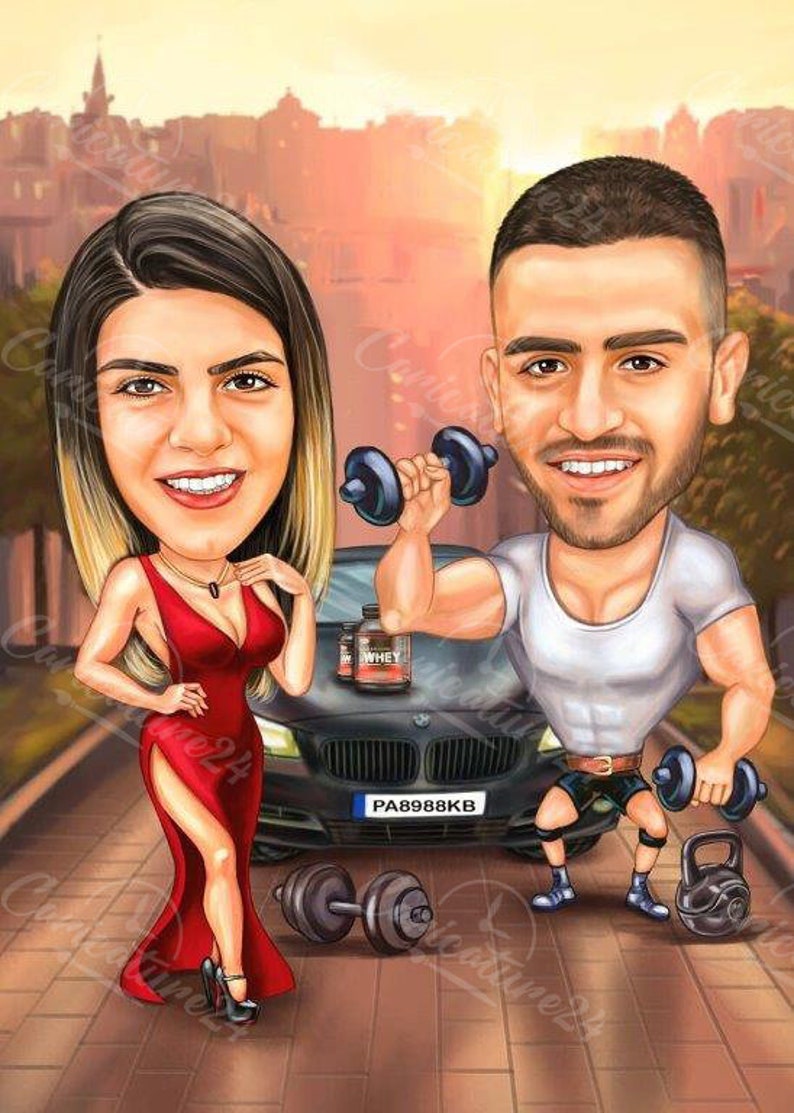 May include: Caricature of a couple, the woman in a red dress and the man lifting weights. A black car is behind them, with a bottle of whey protein. The background shows a city scene with a sunset.