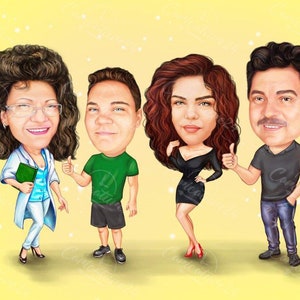 May include: A whimsical cartoon illustration of four people with exaggerated features. The group includes a woman in a lab coat, a man in a green shirt, a woman in a black dress, and a man in a black shirt. Each person is giving a thumbs up.