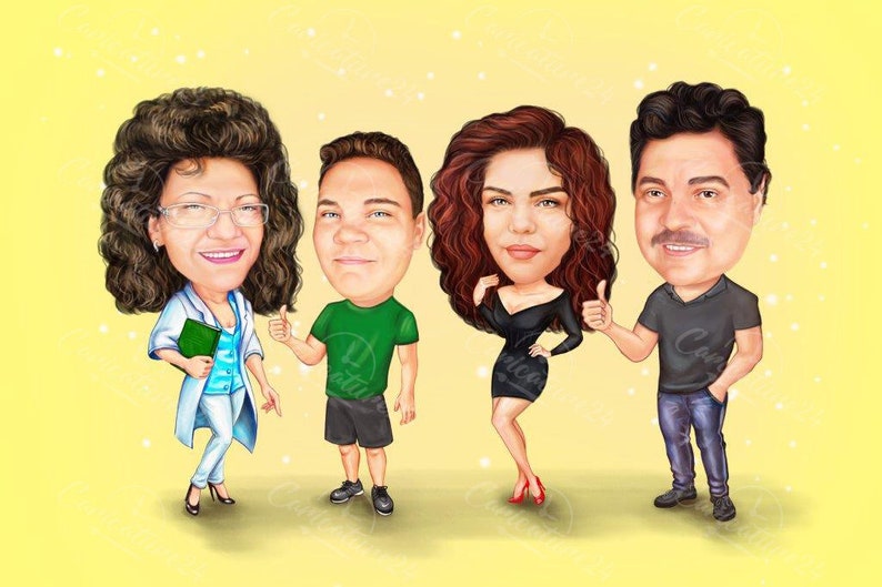 May include: A whimsical cartoon illustration of four people with exaggerated features. The group includes a woman in a lab coat, a man in a green shirt, a woman in a black dress, and a man in a black shirt. Each person is giving a thumbs up.