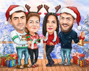 Weihnachtsgeschenk vom Foto, vollständig anpassbare Familienkarikatur, personalisiertes gezeichnetes Geschenk