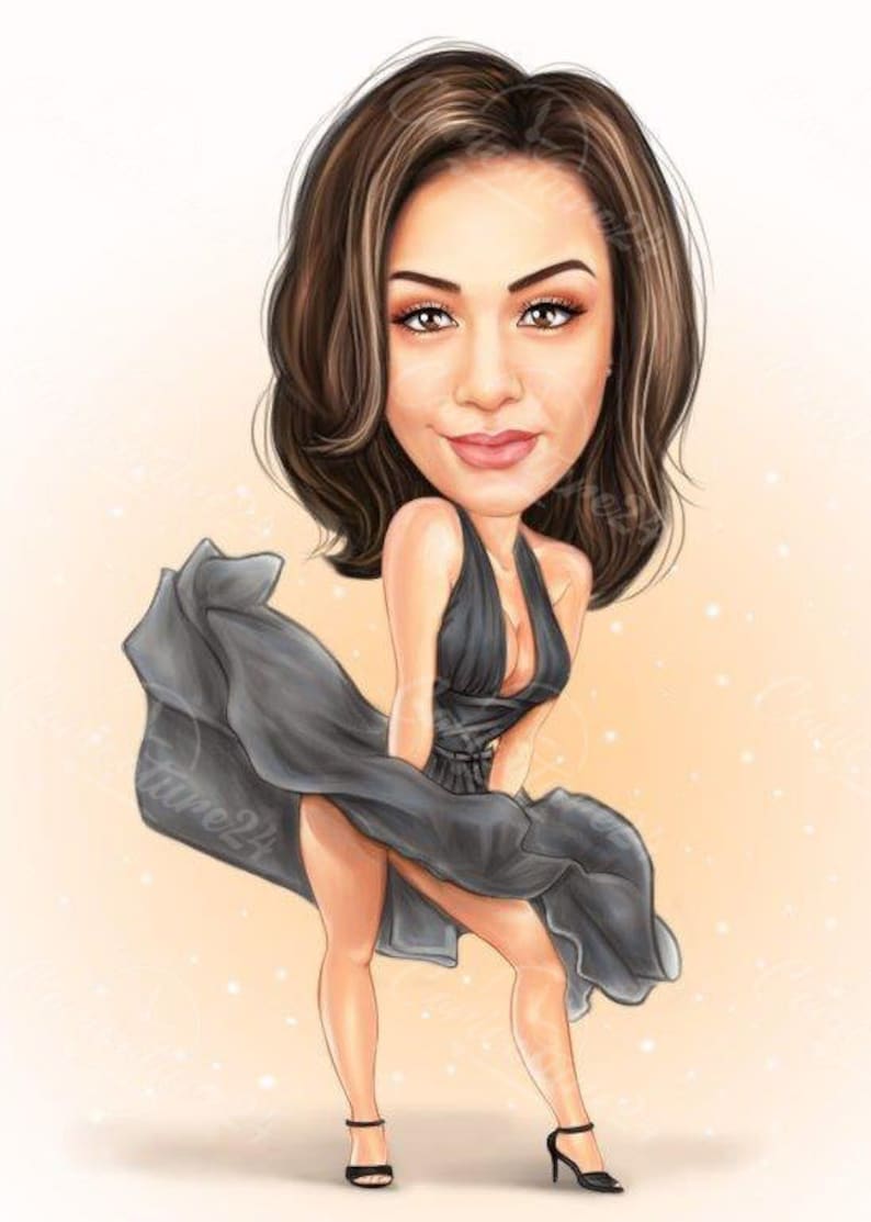 May include: A cartoon illustration of a woman in a black dress with a flowing skirt. The woman has brown hair and is wearing black high heels. The background is a light peach color.