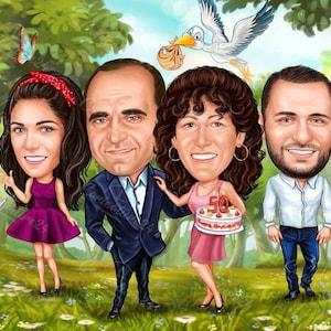 May include: A whimsical cartoon illustration of a family of four, with exaggerated features, standing in a lush green field. A stork carries a baby overhead. The woman in the center holds a cake with "50" candles.
