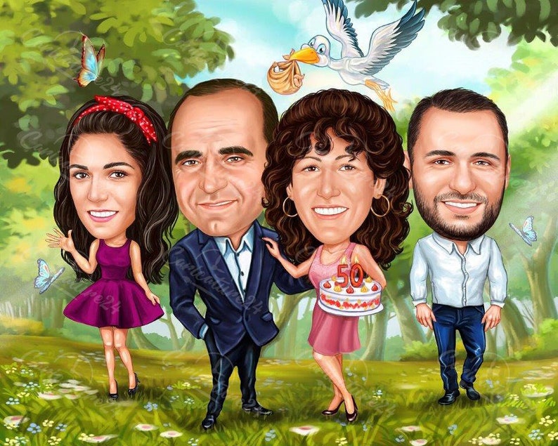 May include: A whimsical cartoon illustration of a family of four, with exaggerated features, standing in a lush green field. A stork carries a baby overhead. The woman in the center holds a cake with "50" candles.