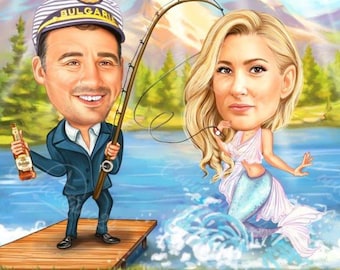 Custom Fishing Caricature, Fully Personalized fishing gift from photo