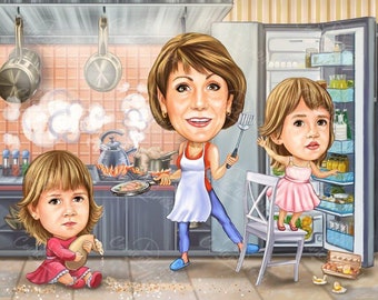 Personalized Grandma Caricature Portrait: Custom Digital Art Gift