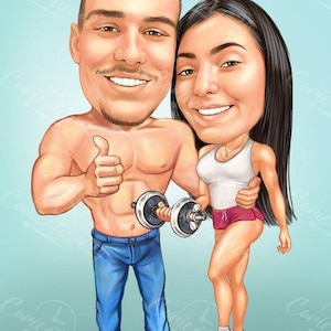 May include: Cartoon illustration of a couple, both with exaggerated features. The man, shirtless, holds a dumbbell and gives a thumbs up. The woman wears a white tank top and red shorts. They are set against a light blue background.