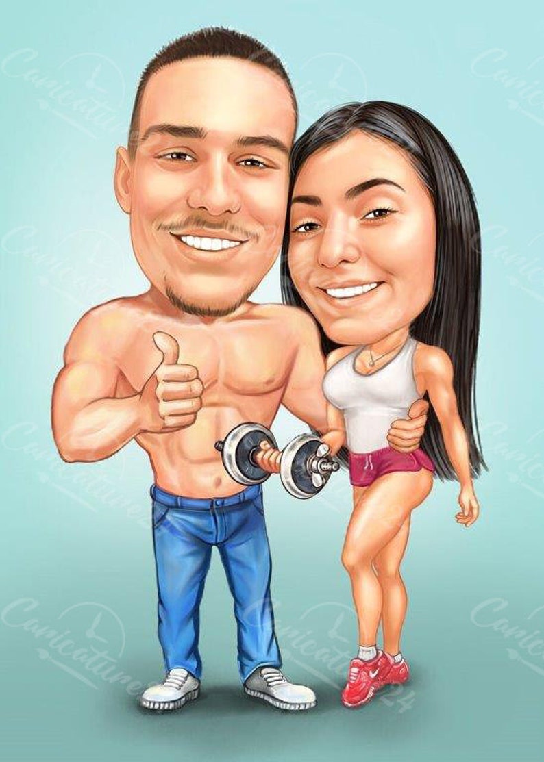 May include: Cartoon illustration of a couple, both with exaggerated features. The man, shirtless, holds a dumbbell and gives a thumbs up. The woman wears a white tank top and red shorts. They are set against a light blue background.