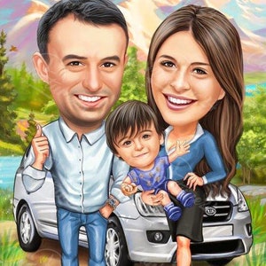 May include: A family portrait illustration featuring a man, woman, and child posing in front of a silver car. The background includes mountains, trees, and a river. The family is smiling, and the child is being held by the woman.