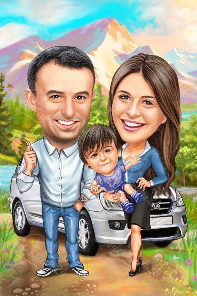 May include: A family portrait illustration featuring a man, woman, and child posing in front of a silver car. The background includes mountains, trees, and a river. The family is smiling, and the child is being held by the woman.