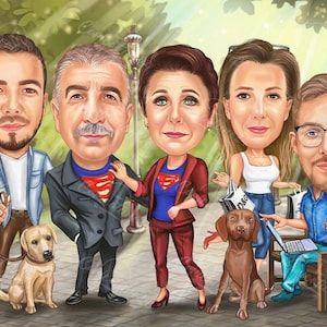 May include: A cartoon illustration of five people with exaggerated features, each holding items like a dog leash, shopping bags, and a laptop. The group is standing in a park-like setting with a dog and a bench.