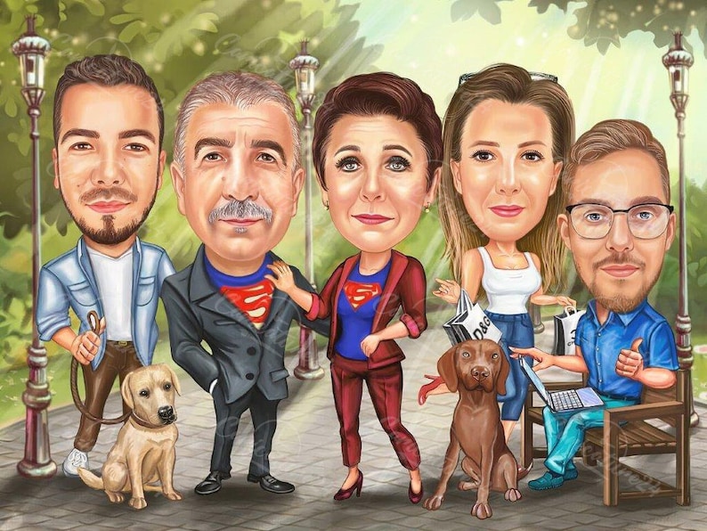 May include: A cartoon illustration of five people with exaggerated features, each holding items like a dog leash, shopping bags, and a laptop. The group is standing in a park-like setting with a dog and a bench.