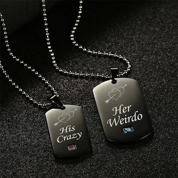 Her Weirdo and His Crazy Couple Necklace Pair - Black Necklaces For Couple - Black Dog Tag Matching Necklace Set - Dainty Gift For Couples