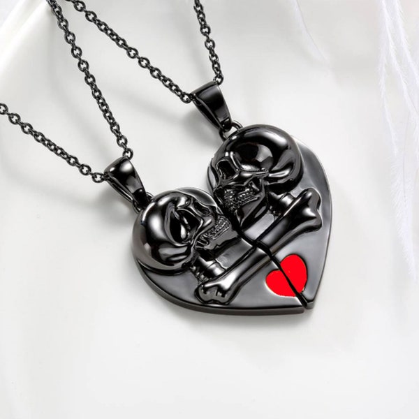 2Pcs Couple Heart Necklaces - Gothic Magnetic Heart Pendants - Couple Matching Necklaces - Creative Skull Heart Pendant - Gift For Couple