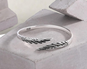 Sterling Silver Angel Wing Bracelet – Vintage Open Cuff, Adjustable