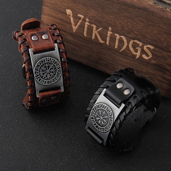 Nordic Viking Wide Leather Bracelet - Punk Braided Rope Cuff Bangle - Dainty Men's Buckle Wristband - Charm Cuff Bracelet - Gift For Him