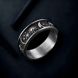 Anel vintage antigo com estrela e lua esculpida - Anel com design Asos - Anel celestial criativo - Anel com carimbo manual - Anel punk com faixa de dedo - Presente para ela