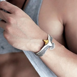 Viking Raven Eagle Bracelet Bangle For Women - Freebird Eagle Cuff Bracelet For Men - Silver Adjustable Tribal Cuff Wristband - Gift For Her