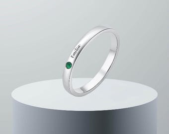Name Stacking Birthstone Ring - Personalized Name Ring with Birthstone -  Custom Engraved Ring - Dainty Silver Band Rings - Gift For Her