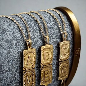 Gold Initial Letter Pendant - Yellow Gold Necklace - Uppercase Initial Letter Plate Pendant - Initial Charm Necklace - Personalized Jewelry
