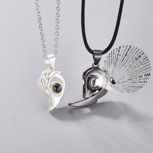 2Pcs Couple Magnetic Necklaces - Gothic Heart Pendants - Couple Matching Necklaces - 100 Language I love You Pendant -s Gift For Couple