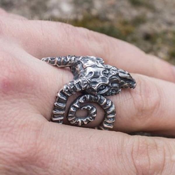 Goat Horn Head Ring - Satan Worship Aries Zodiac Ring - Unique Biker Ring - Punk Animal Jewelry -  Ram Ring - Capricorn Ring - Pegan Ring