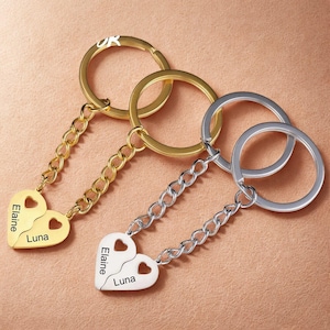Personalized Couple Key Rings Set: Matching Heart Keychains, Stainless Steel
