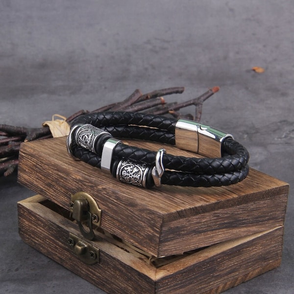 Viking Double Layer Black Leather Wrap Bracelet - Norse Braided Men's Wristband - Amulet Runes Bracelet - Charm Cuff Bracelet - Gift For Him