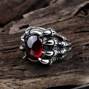 Retro Punk Dragon Claw Stone Ring - Silver Gothic Punk Ring - Dragon Claw Bezel Steampunk Statement Ring - Cubic Zirconia Ring -  Men's Ring