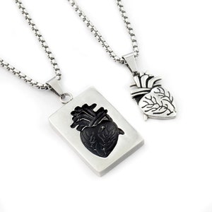 Pu&ograve; includere: Due collane d'argento con ciondoli a forma di cuore. Un ciondolo &egrave; un cuore anatomico dettagliato con una finitura in smalto nero, l'altro &egrave; una semplice forma di cuore.