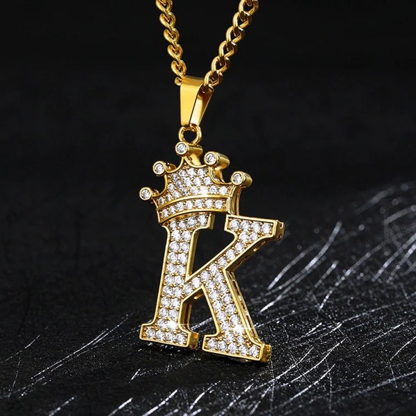 Crystal Crown Initial Letter Pendant - Gold Zircon A-Z Alphabet Necklace - Charm Uppercase Pendant - Gift For Her - Personalized Jewelry