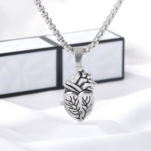 Pu&ograve; includere: Una collana d'argento con un ciondolo a forma di cuore anatomico dettagliato. Il cuore &egrave; aperto e mostra la sua struttura interna.