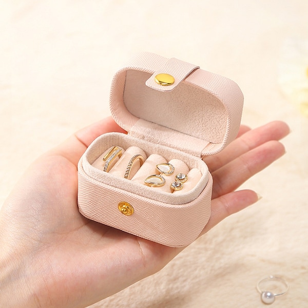 Mini joyero portátil lindo - Estuche de almacenamiento de joyería de PU creativo - Caja organizadora de anillos pequeños - Caja de aretes - Regalo de dama de honor - Regalo de boda