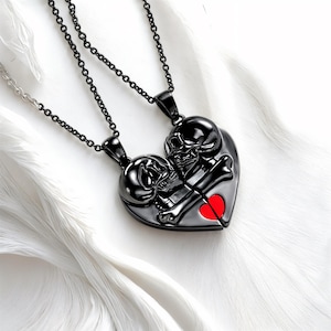 2 Stück Paar Herz Halsketten - Gothic Magnet Herz Anhänger - Paar Passende Halsketten - Kreative Schädel Herz Anhänger - Geschenk für Paar