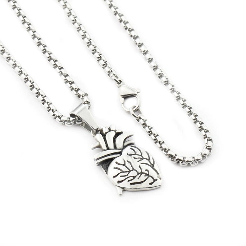 Pu&ograve; includere: Una collana con catena d'argento con un ciondolo a forma di cuore anatomico dettagliato.