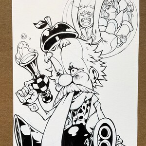 May include: Black and white line art illustration of a cartoon character with a large nose, mustache, and a long tongue sticking out. The character is wearing a hat with a feather and a checkered shirt. The character is holding a pipe with a checkered design. In the background, a bubble with two cartoon characters inside.