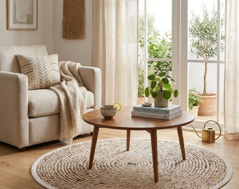 Washable Braided Spiral Round Rug, Faux Jute Farmhouse Carpet with Fringe